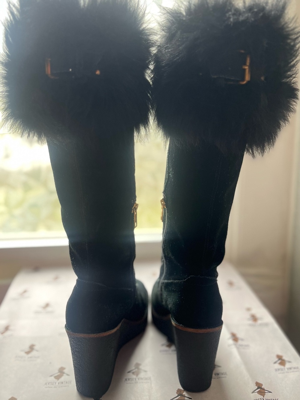 UGG Black Suede Wedge Boots with Faux Fur Cuff - Picture 5 of 7